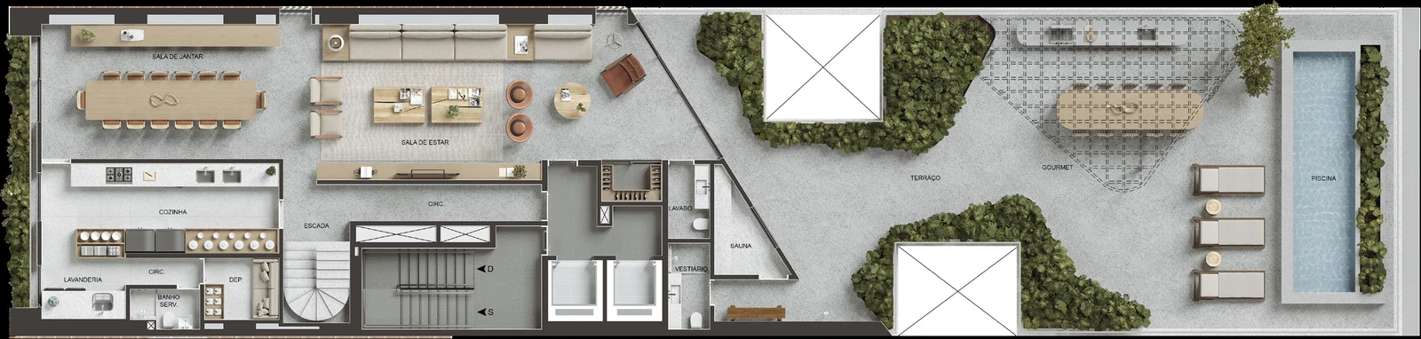 Planta Penthouse Duplex 901 · 1º pavimento do VIE Vieira Souto 432 — 565 m²